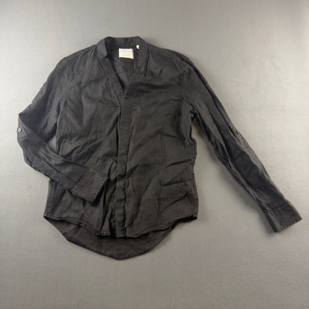 Murano Baird McNutt Irish Linen Shirt Mens Small Black V-Neck Hidden Button S